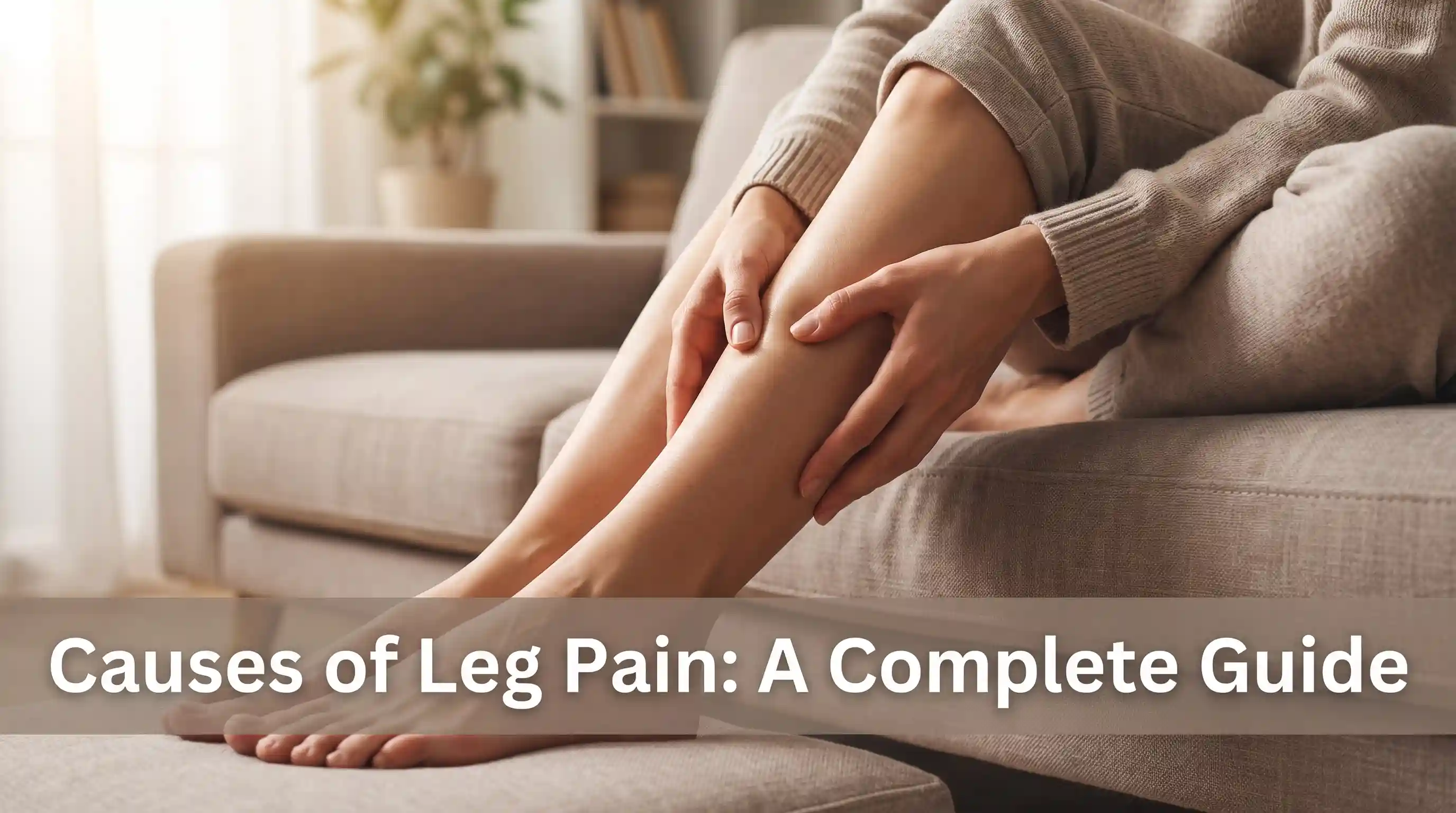 Person massaging a tired painful leg calf at home, illustrating causes of leg pain