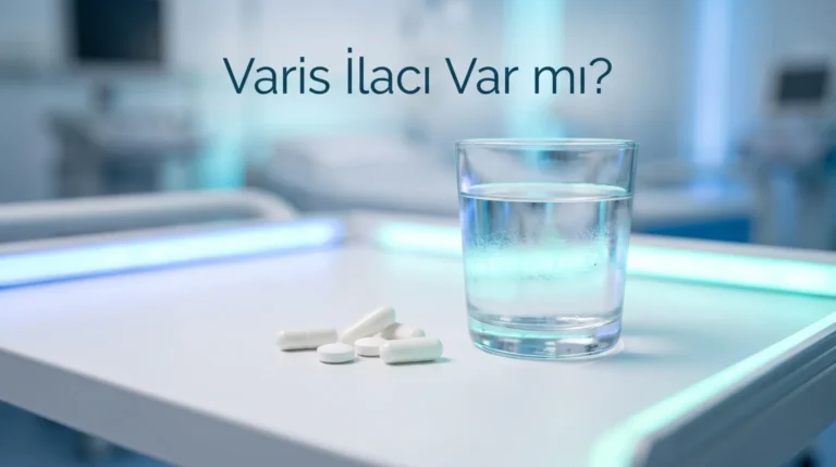Varis ilacı, venotonik haplar ve su bardağı klinik görsel